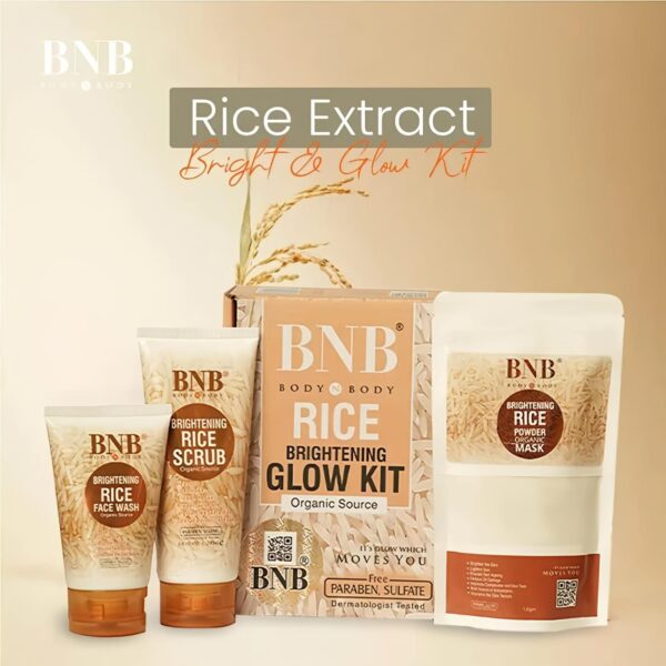 BNB Rice Extract Bright & Glow Kit ( Rice Face Wash + Rice Scrub + Rice Mask ) - Image 4